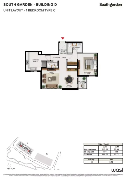 Floor plan, 1 Bed, 868 sq ft