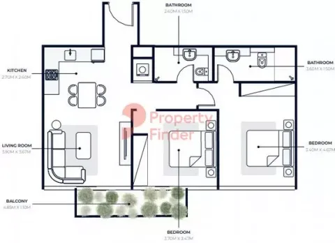 Floor plan, 2 Beds, 881 sq ft