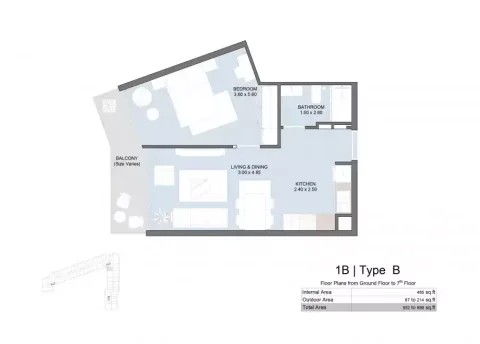 Floor plan, 1 Bed, 699 sq ft
