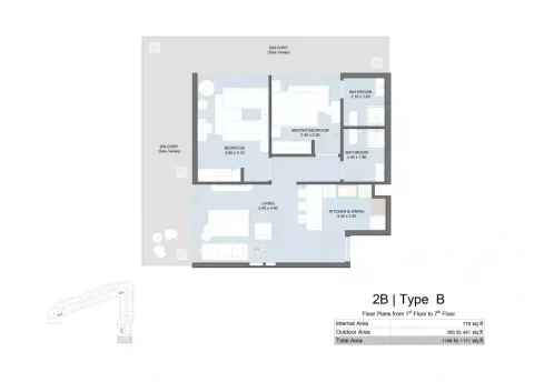 Floor plan, 2 Beds, 1,171 sq ft