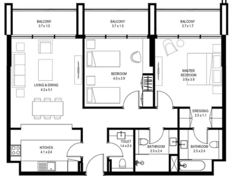 Floor plan, 2 Beds, 1,232 sq ft