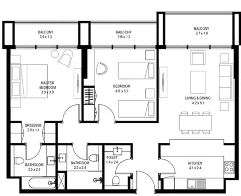 Floor plan, 2 Beds, 1,222 sq ft