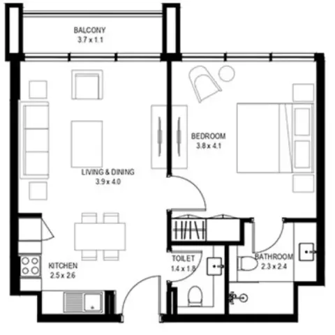 Floor plan, 1 Bed, 638 sq ft