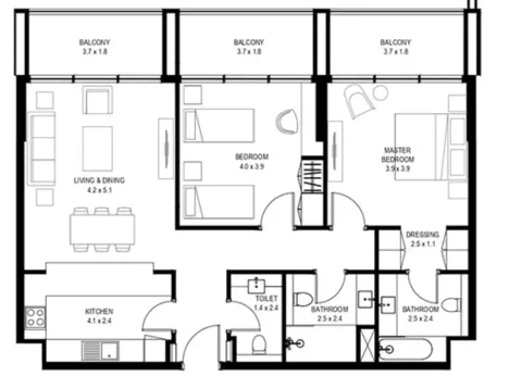 Floor plan, 2 Beds, 1,270 sq ft