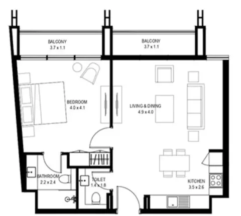 Floor plan, 1 Bed, 722 sq ft
