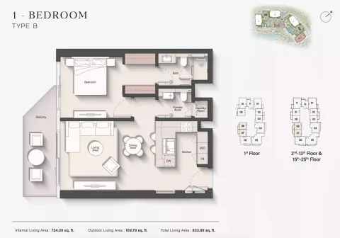 Floor plan, 1 Bed, 833 sq ft