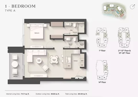 Floor plan, 1 Bed, 801 sq ft