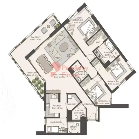 Floor plan, 3 Beds, 2,165 sq ft