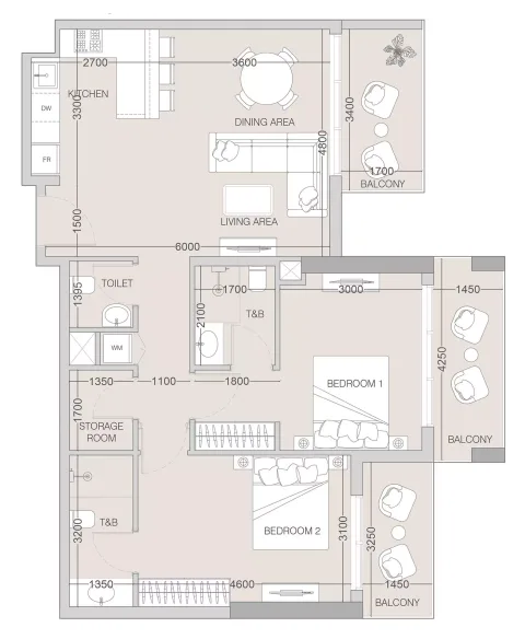 Floor plan, 2 Beds, 1,112 sq ft