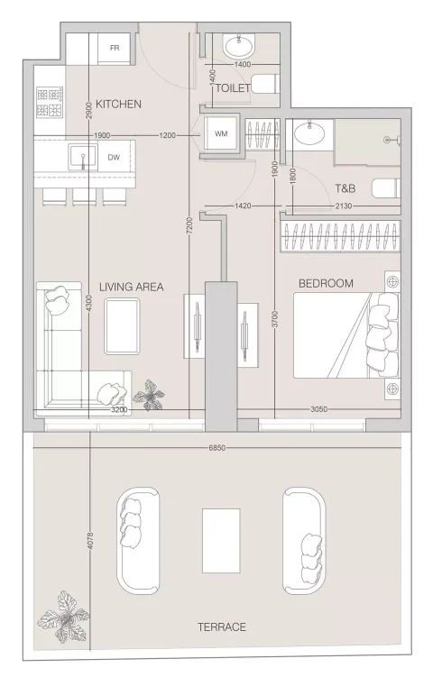 Floor plan, 1 Bed, 844 sq ft