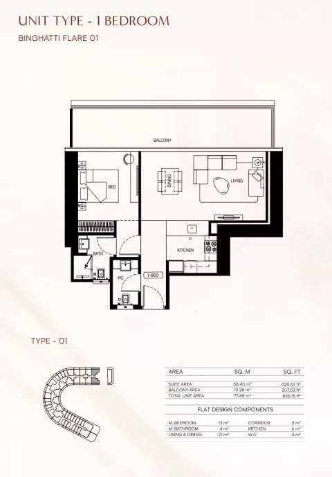 Floor plan, 1 Bed, 836 sq ft