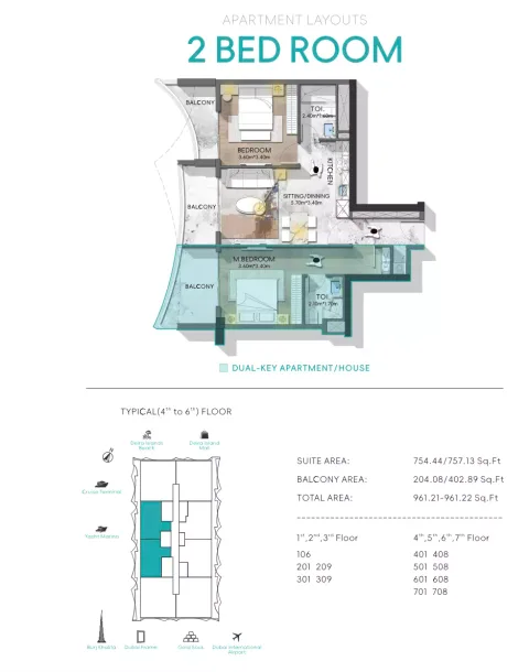 Floor plan, 2 Beds, 961 sq ft
