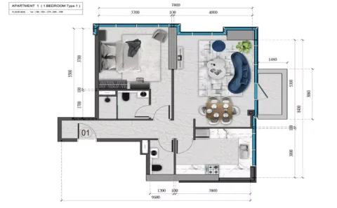 Floor plan, 1 Bed, 727 sq ft