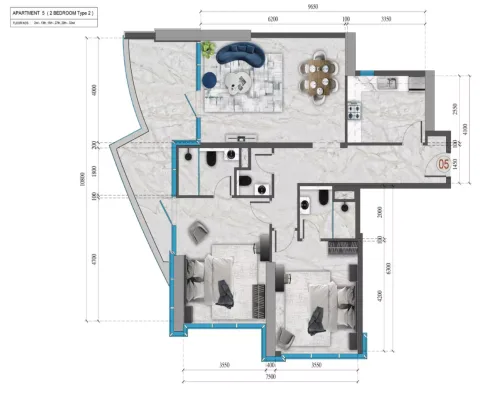 Floor plan, 2 Beds, 1,265 sq ft
