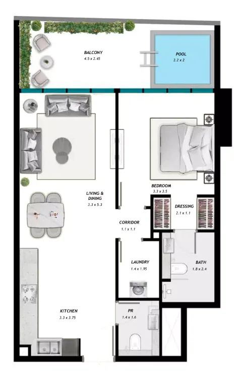 Floor plan, 1 Bed, 826 sq ft