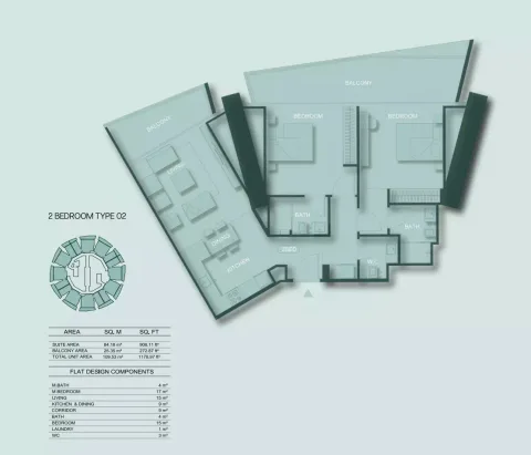 Floor plan, 2 Beds, 1,178 sq ft