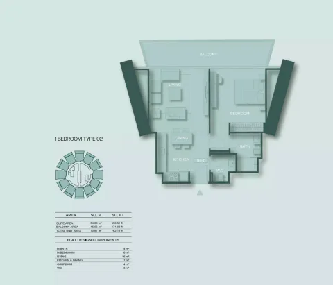 Floor plan, 1 Bed, 762 sq ft
