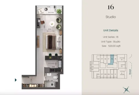 Floor plan, Studio, 520 sq ft