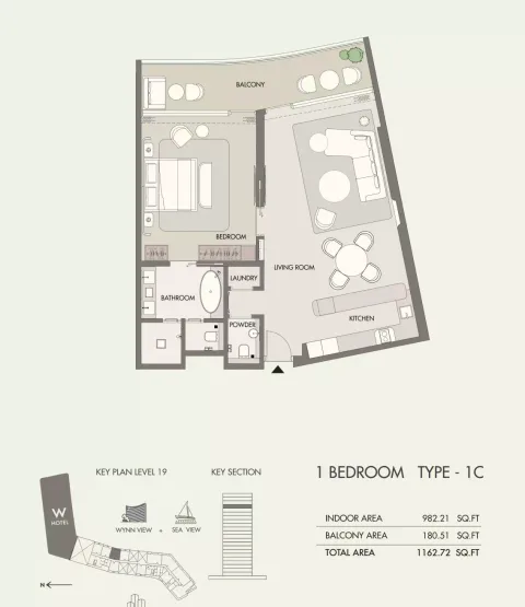Floor plan, 1 Bed, 1,162 sq ft