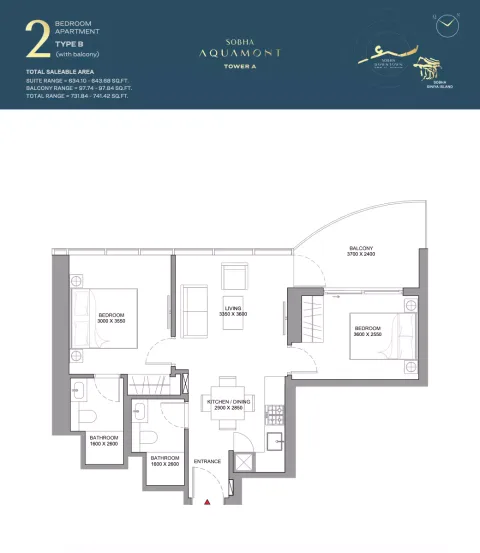 Floor plan, 2 Beds, 731 sq ft