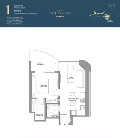 Floor plan, 1 Bed, 580 sq ft