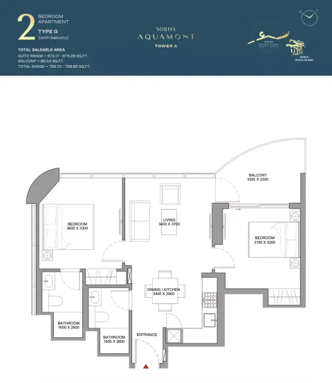 Floor plan, 2 Beds, 759 sq ft