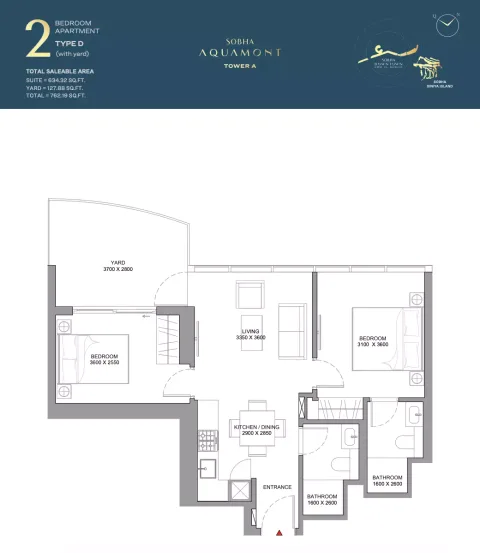 Floor plan, 2 Beds, 762 sq ft