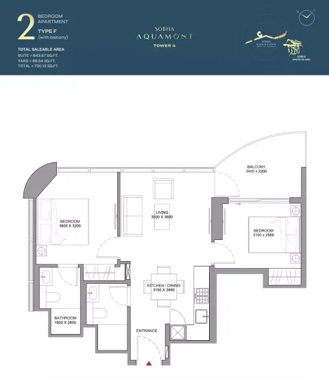 Floor plan, 2 Beds, 730 sq ft