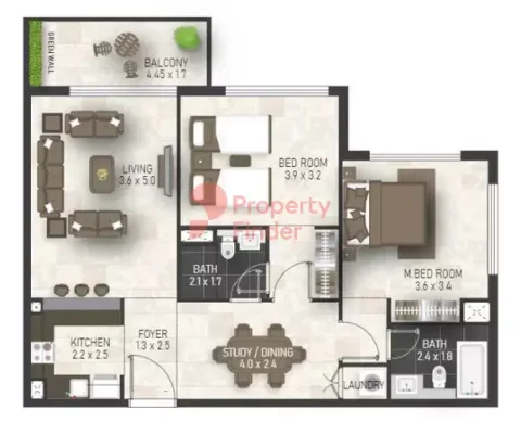 Floor plan, 2 Beds, 967 sq ft