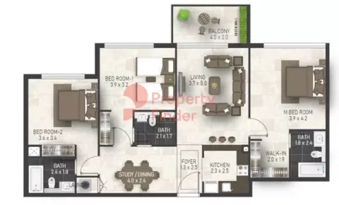Floor plan, 3 Beds, 1,274 sq ft