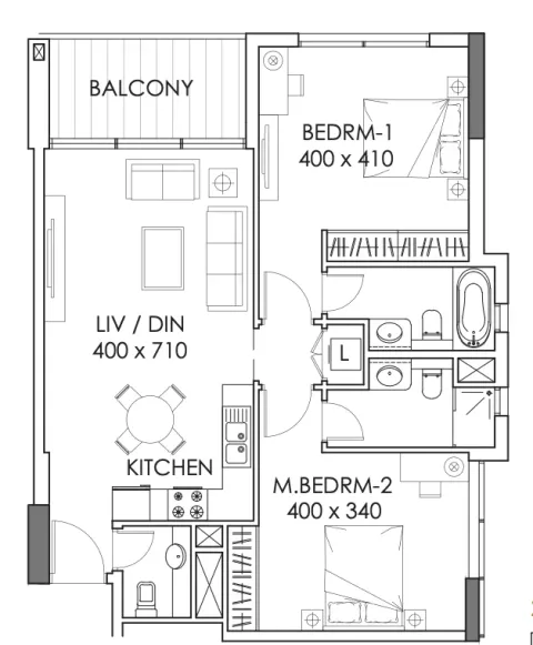 Floor plan, 2 Beds, 1,036 sq ft