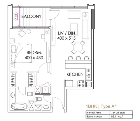 Floor plan, 1 Bed, 850 sq ft
