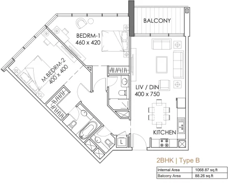 Floor plan, 2 Beds, 1,156 sq ft