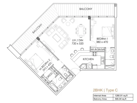 Floor plan, 2 Beds, 1,675 sq ft