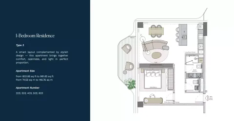 Floor plan, 1 Bed, 802 sq ft