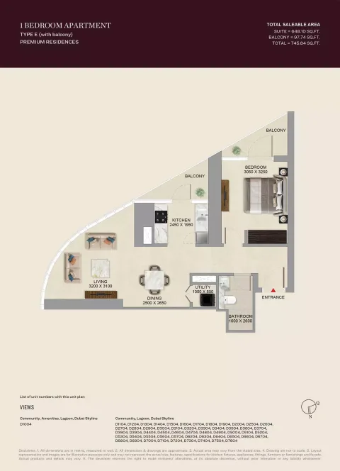Floor plan, 1 Bed, 745 sq ft