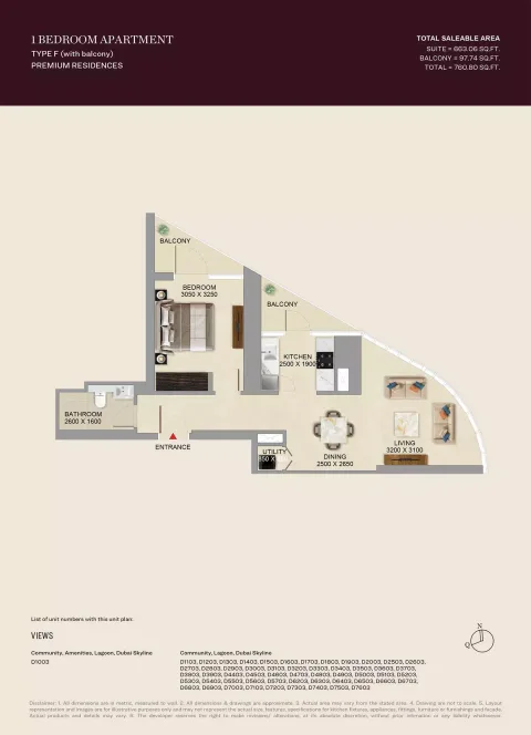 Floor plan, 1 Bed, 760 sq ft