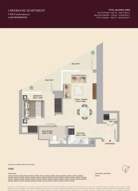 Floor plan, 1 Bed, 626 sq ft