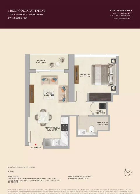 Floor plan, 1 Bed, 559 sq ft