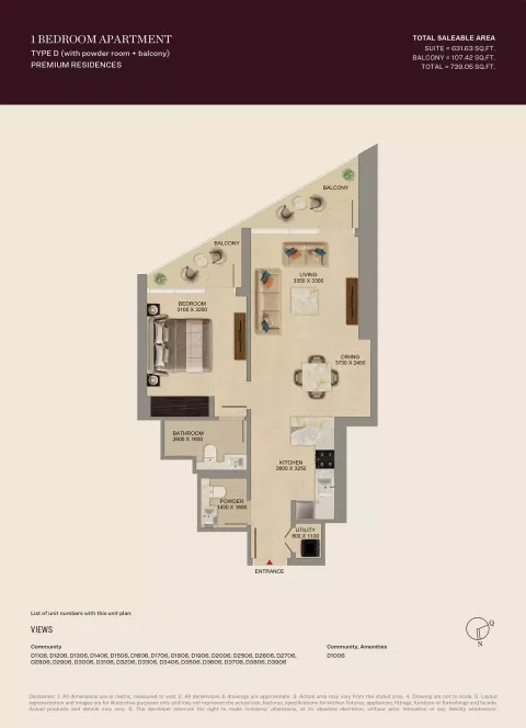 Floor plan, 1 Bed, 739 sq ft