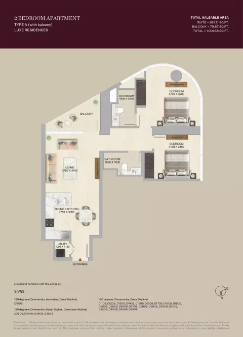 Floor plan, 2 Beds, 1,001 sq ft