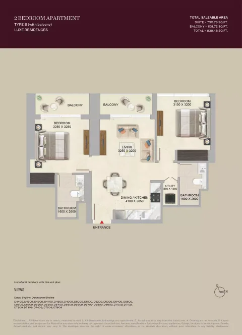 Floor plan, 2 Beds, 839 sq ft