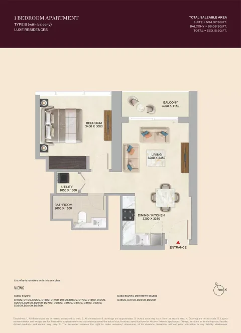 Floor plan, 1 Bed, 560 sq ft