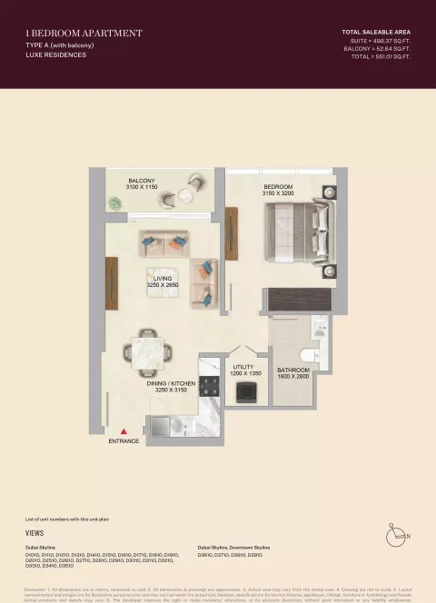 Floor plan, 1 Bed, 551 sq ft
