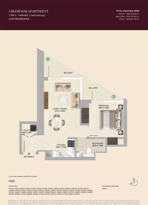 Floor plan, 1 Bed, 633 sq ft