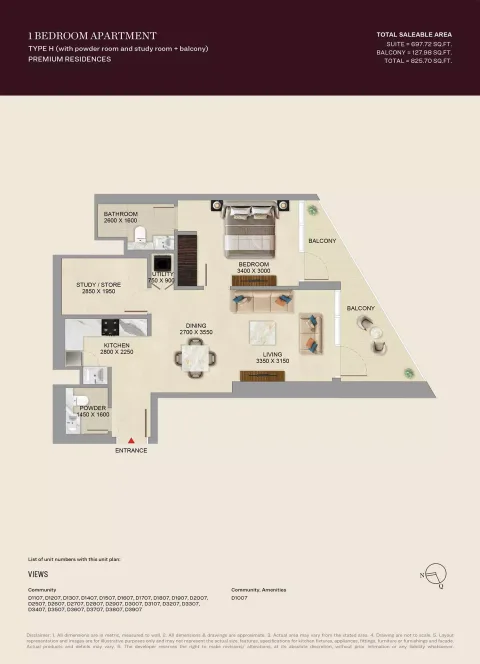 Floor plan, 1 Bed, 825 sq ft
