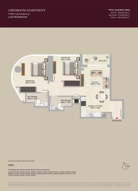 Floor plan, 2 Beds, 884 sq ft
