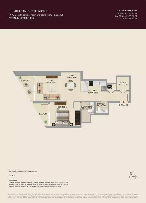 Floor plan, 1 Bed, 802 sq ft
