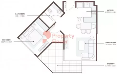 Floor plan, 1 Bed, 673 sq ft