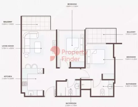 Floor plan, 2 Beds, 846 sq ft